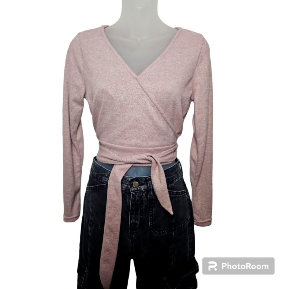 no comment Heather Pink Cropped Faux Wrap Top Sz L